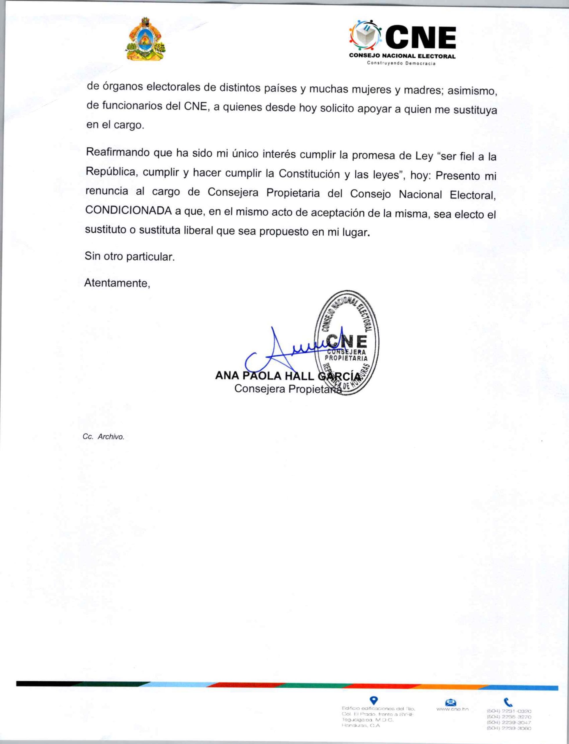 Documento de renuncia de la consejera del CNE, Ana Paola Hall 